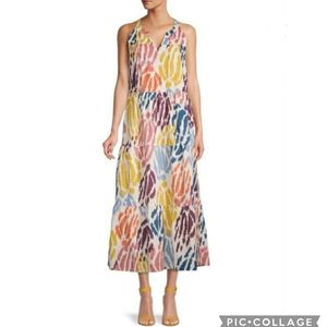 T Tahari Abstract Print Tiered Dress Multicolor Ikat Pattern